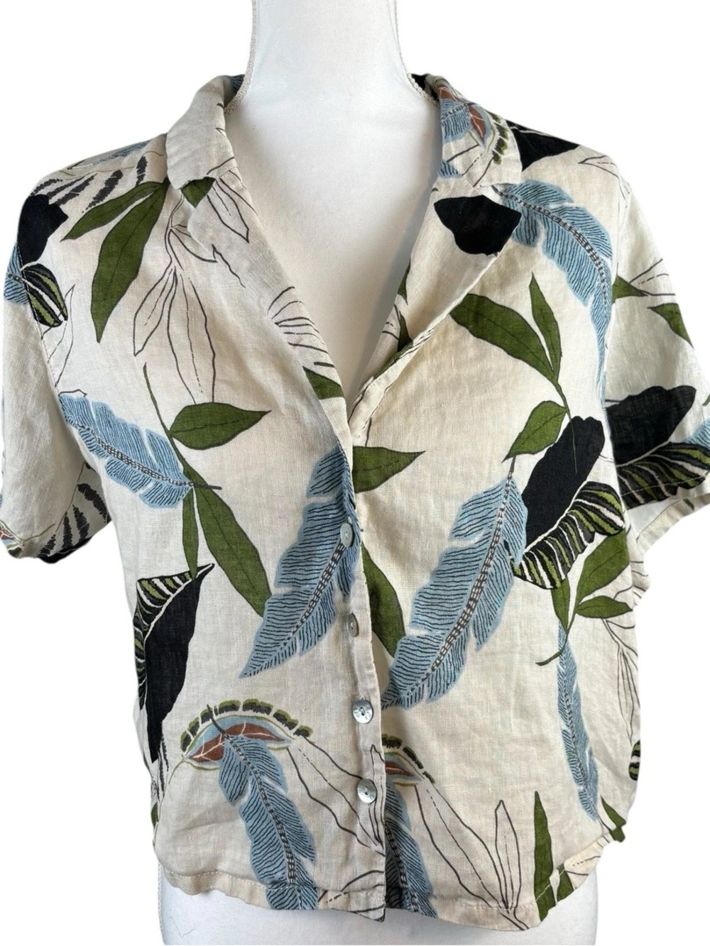 Tahari Cream Linen Shirt with Blue & Green Leaf Print